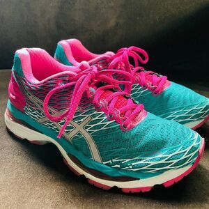 Mint Condition ASICS GEL NIMBUS 18 Womens US Pink Turquoise 8.5 US Medium 40 EUR